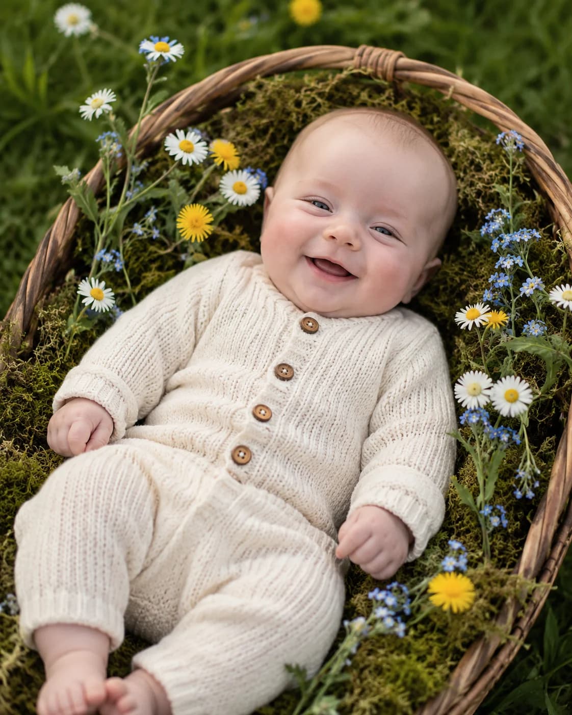 Bébé allongé dans un panier en osier entouré de fleurs sauvages (marguerites, pissenlit, myosotis) sur une pelouse verte