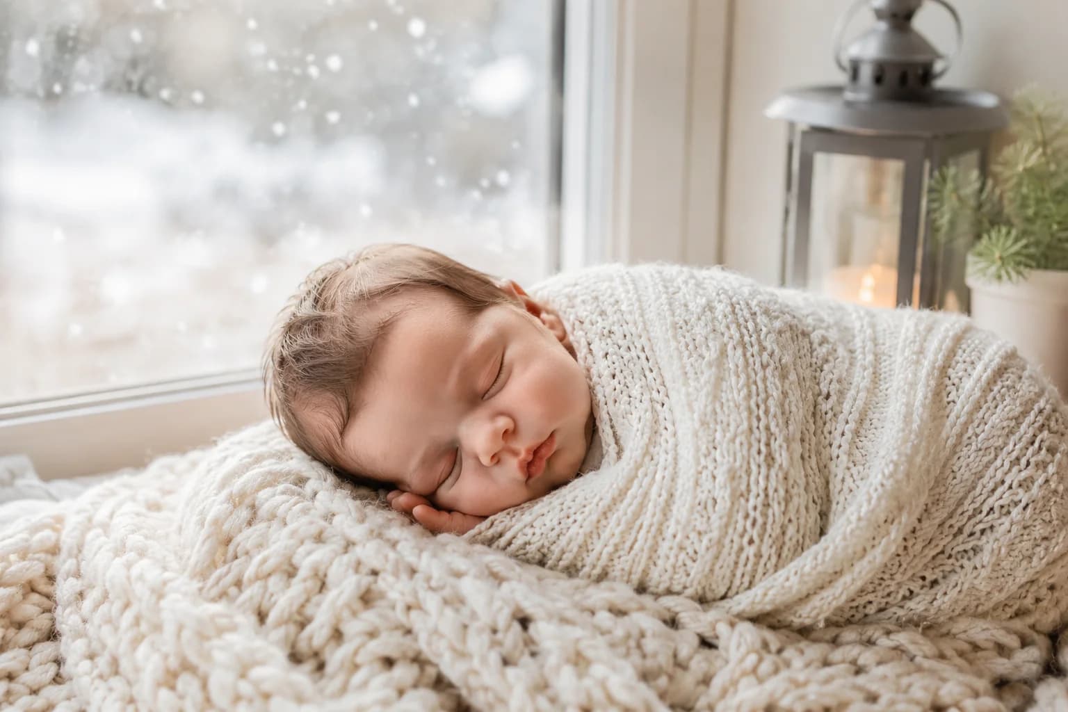 Bébé nouveau-né enveloppé dans une couverture en laine crème, lumière hivernale douce, flocons de neige visibles à la fenêtre