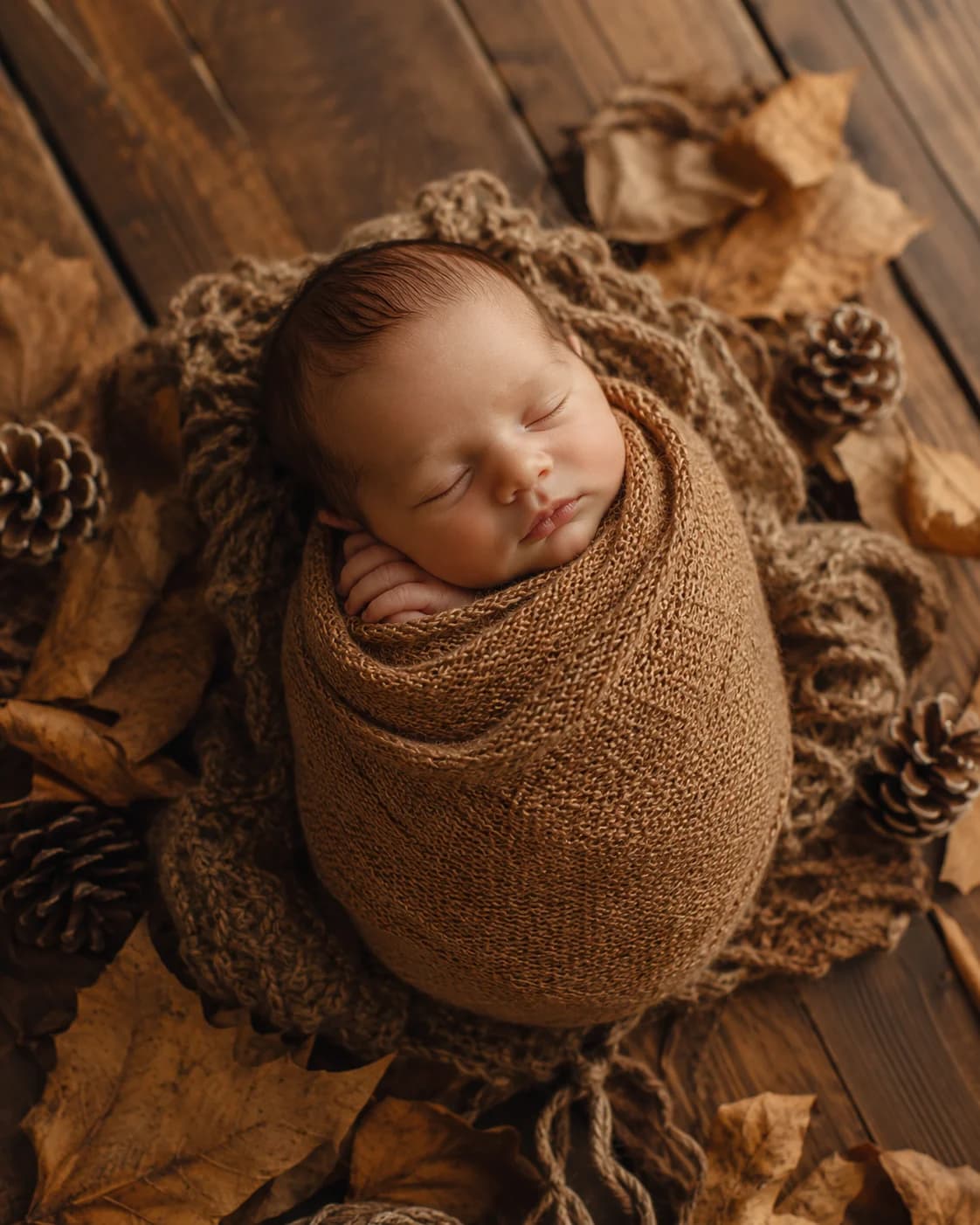 Nouveau-né emmailloté dans un cocon en tricot caramel, entouré de feuilles séchées et pommes de pin, lumière d'automne tamisée