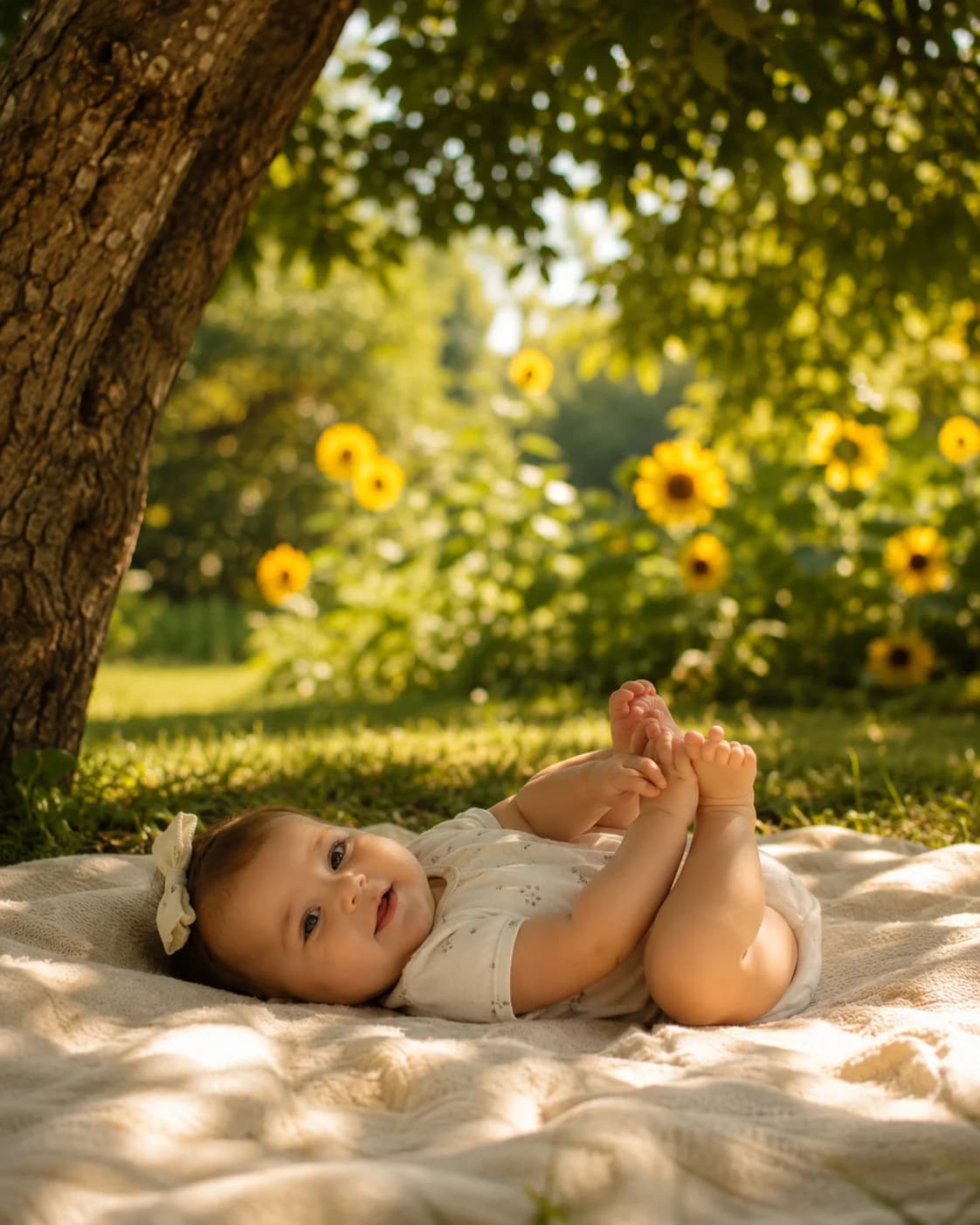 Bébé fille en body léger allongée à l'ombre d'un arbre dans un jardin ensoleillé, tournesols en arrière-plan