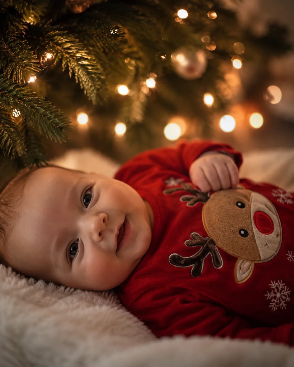 Bébé de 4 mois en body rouge motif renne allongé sous un sapin de Noël aux guirlandes lumineuses, ambiance féérique