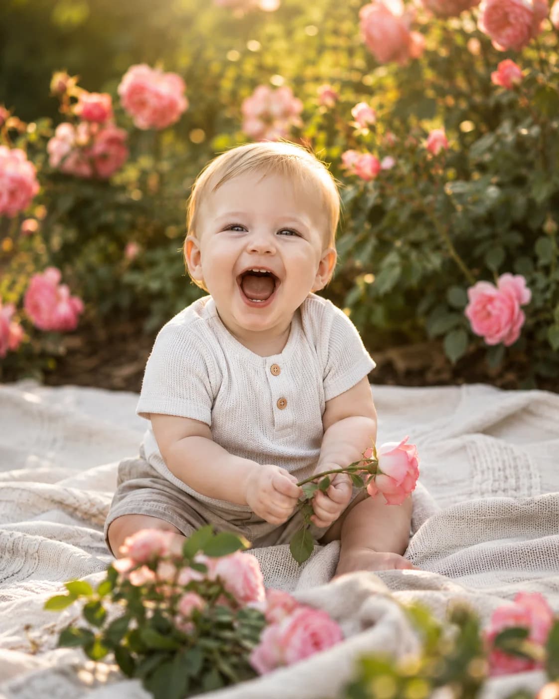 Bébé garçon qui rit sur une couverture dans un jardin ensoleillé entouré de rosiers en fleurs, lumière dorée