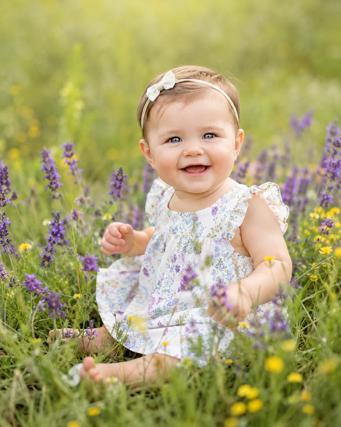 Bébé fille en robe fleurie assise dans un champ de lavande et de fleurs sauvages jaunes, lumière dorée de fin d'après-midi
