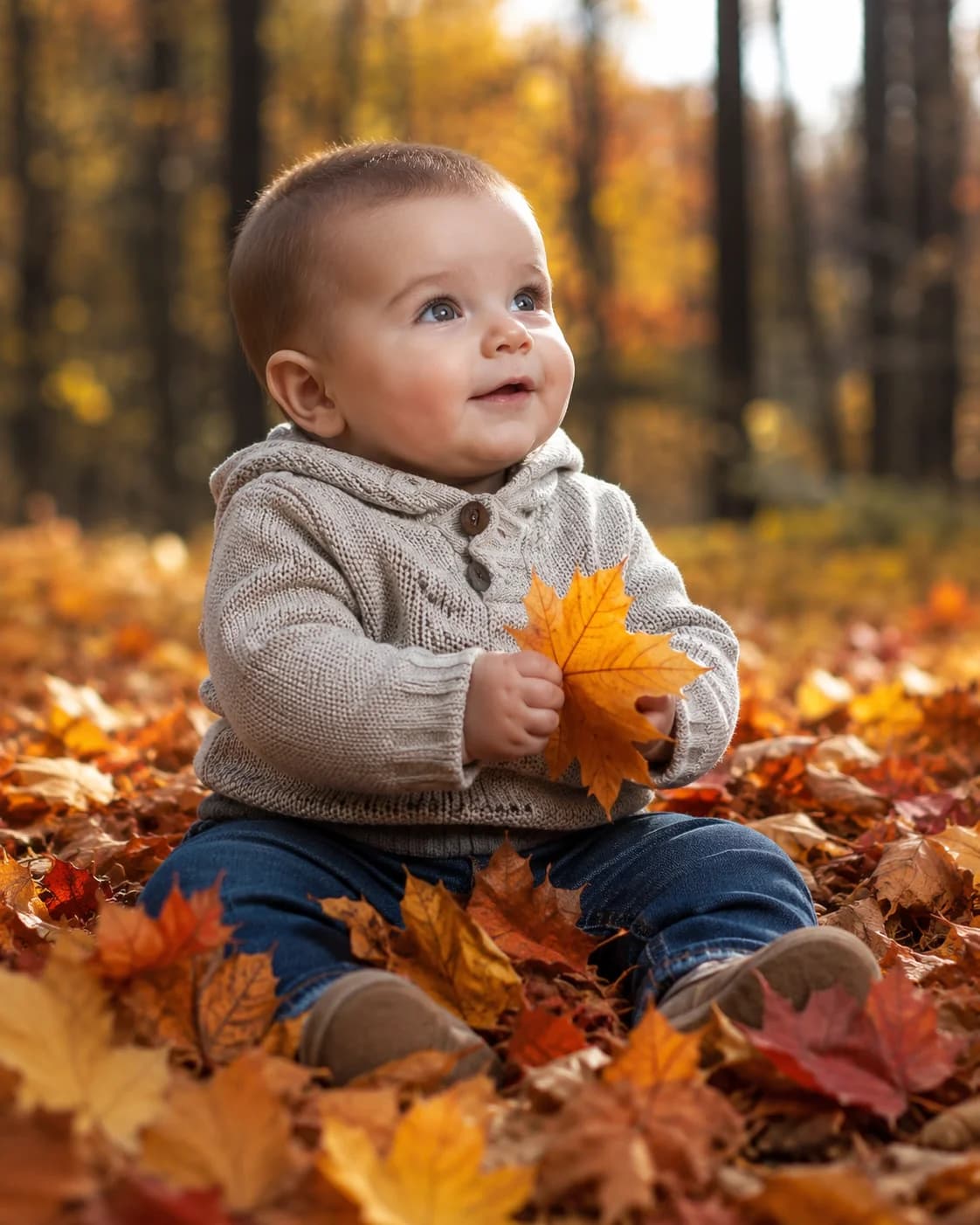 Bébé garçon assis parmi des feuilles d'automne oranges, rouges et jaunes, portant un pull en tricot confortable